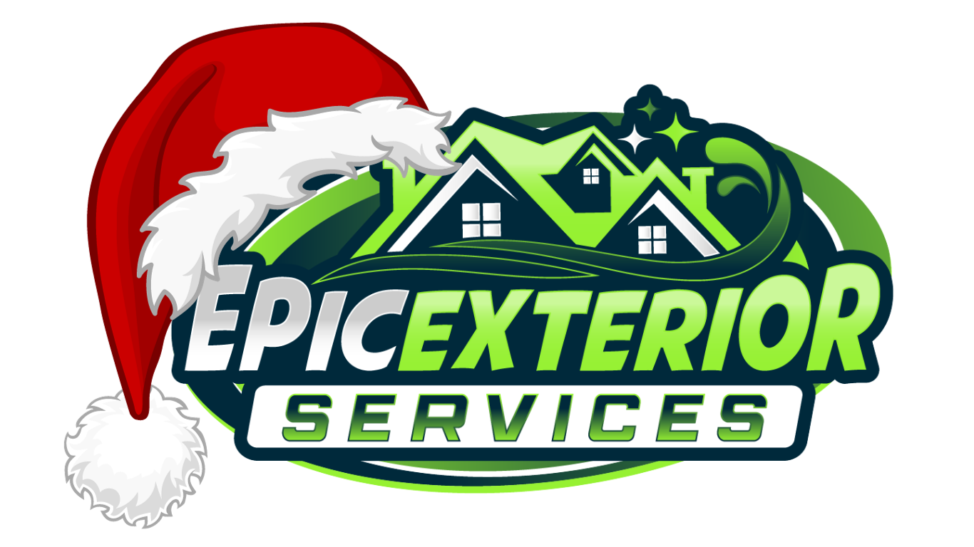 Epic Exterior Services Christmas logo with a Santa hat over the house roofline