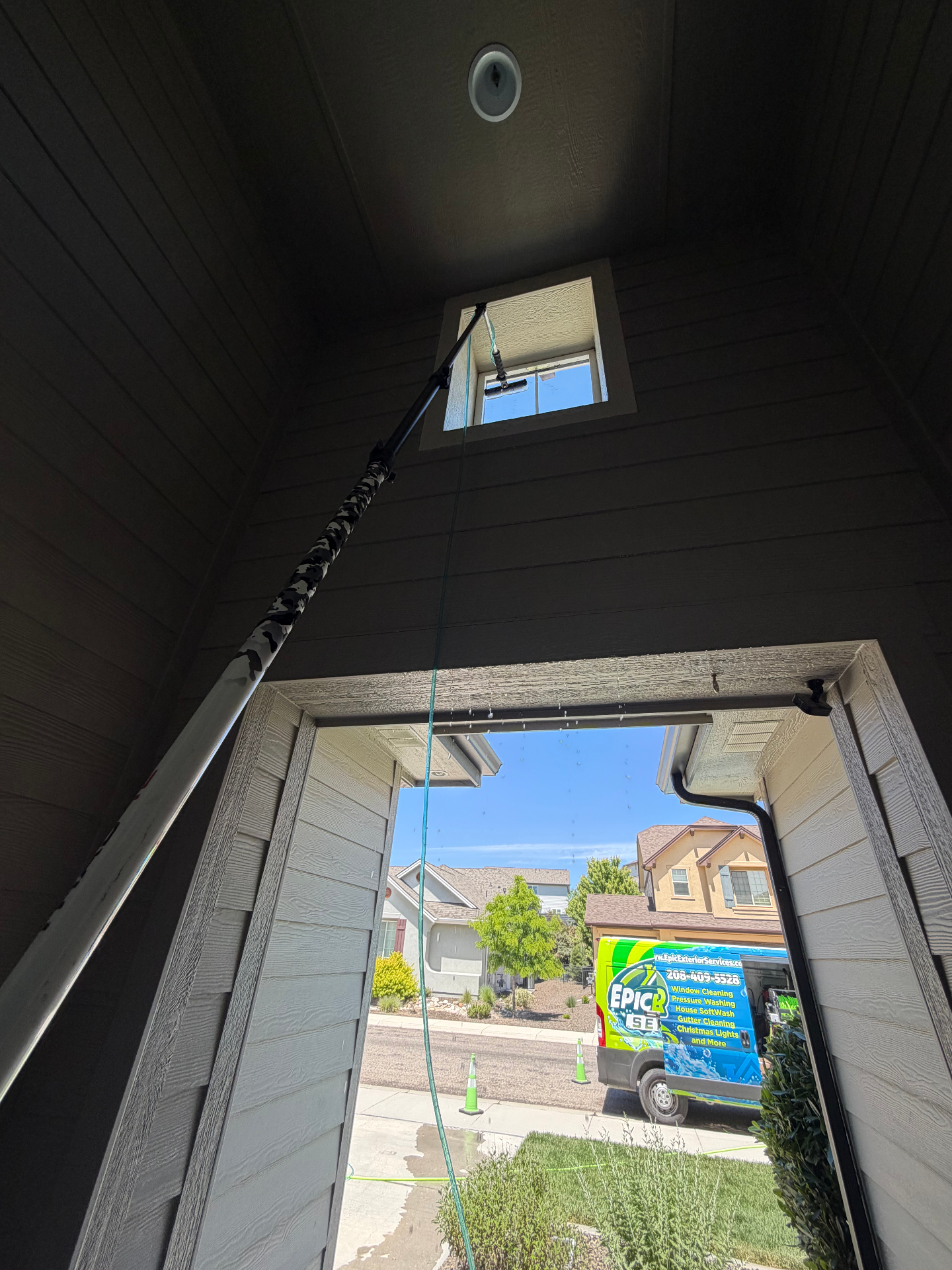 Streak-free entryway transom windows cleaned at a two-story Meridian Idaho home