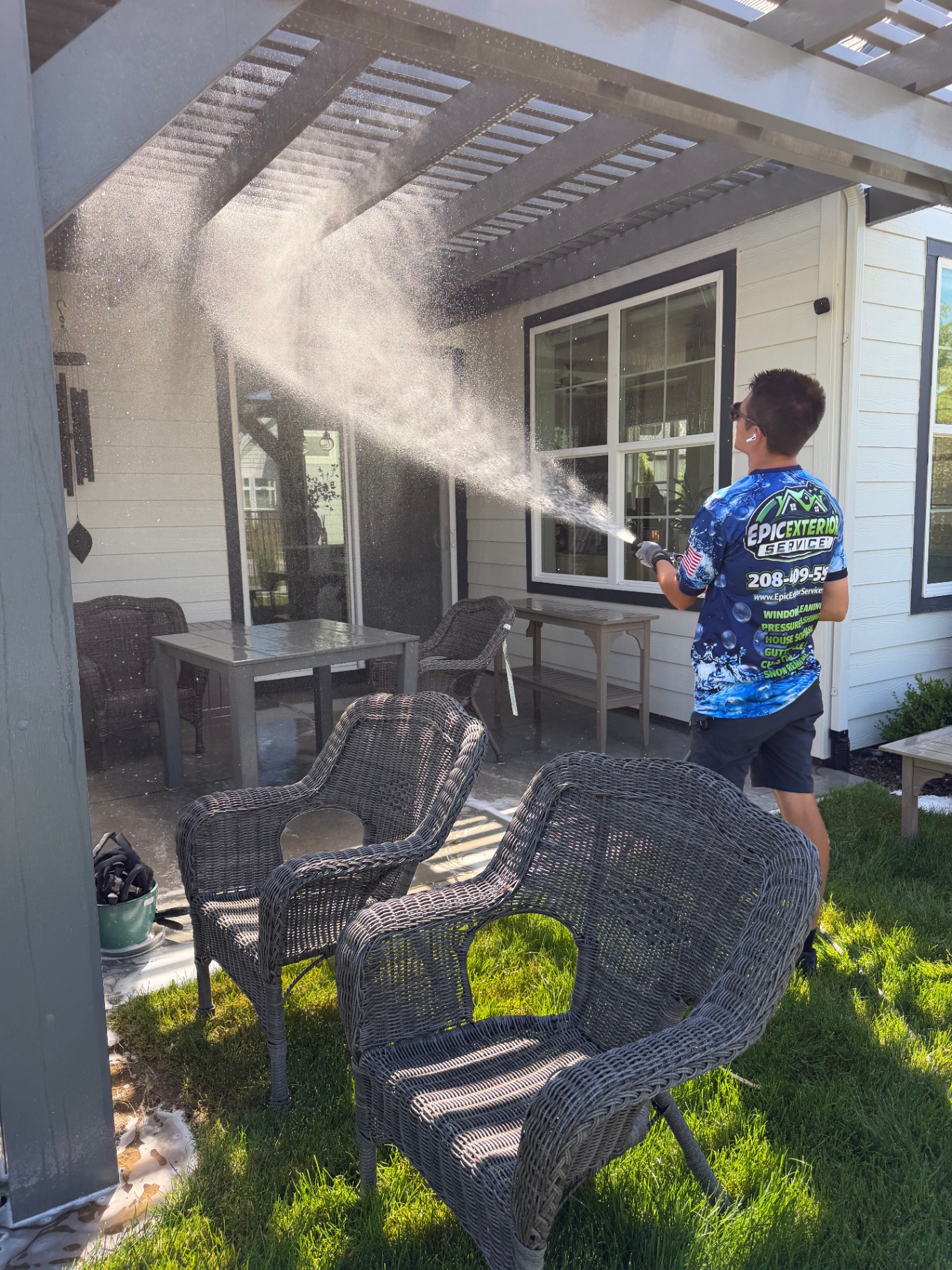 Soft wash application on covered back patio area