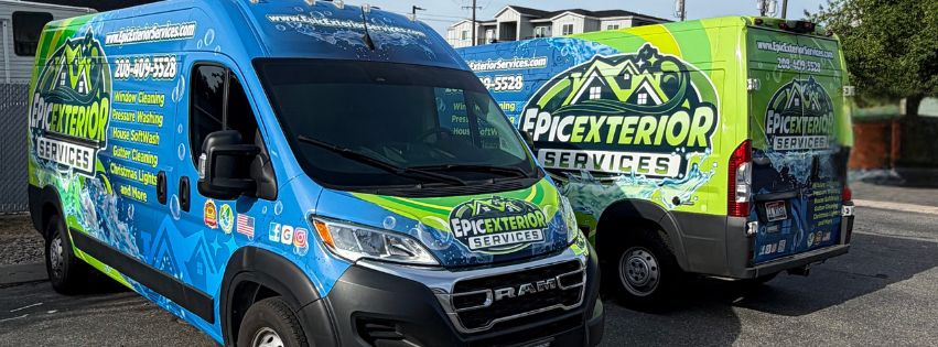 Epic Exterior Services blue and green fleet vans