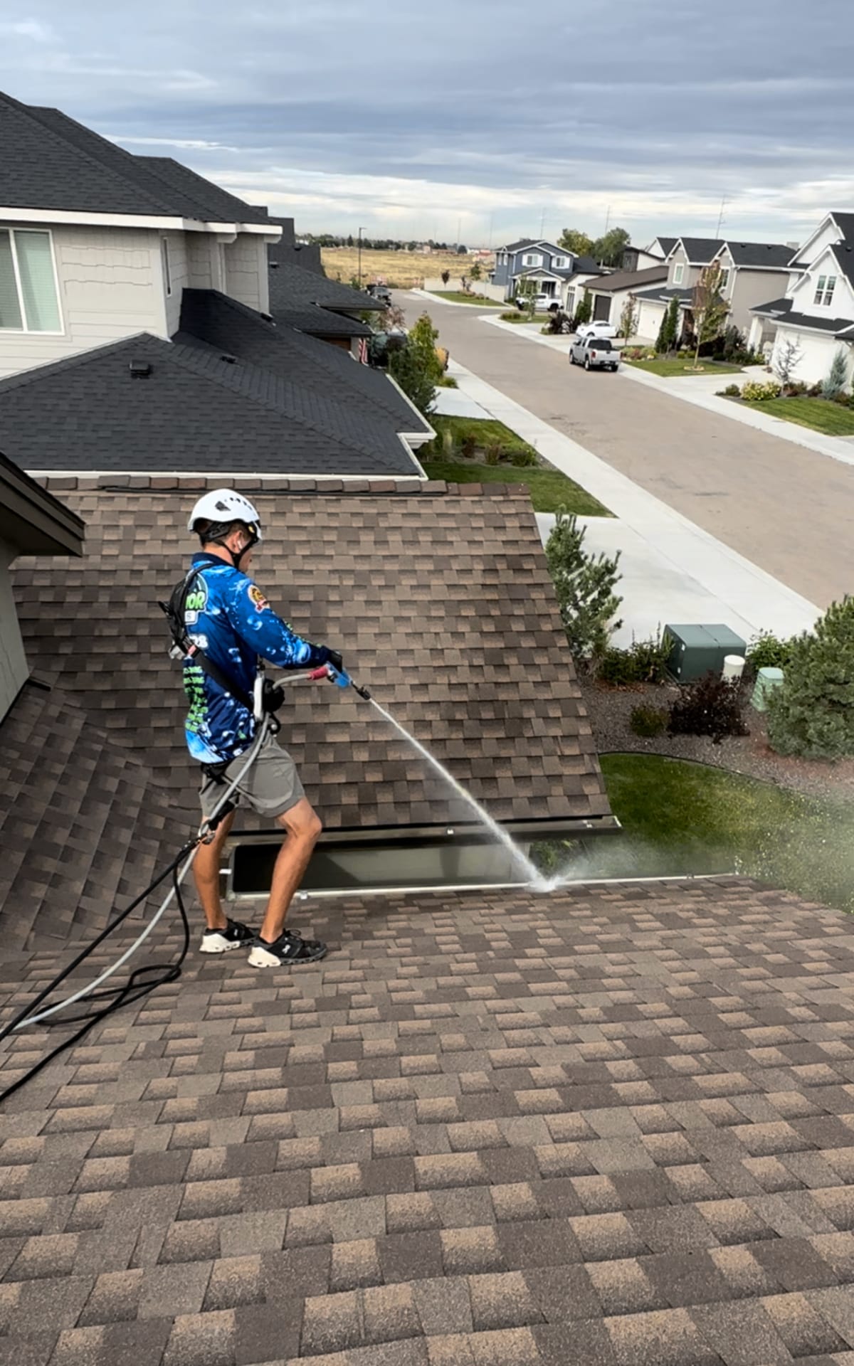 Hand-cleaning gutters on a Treasure Valley home